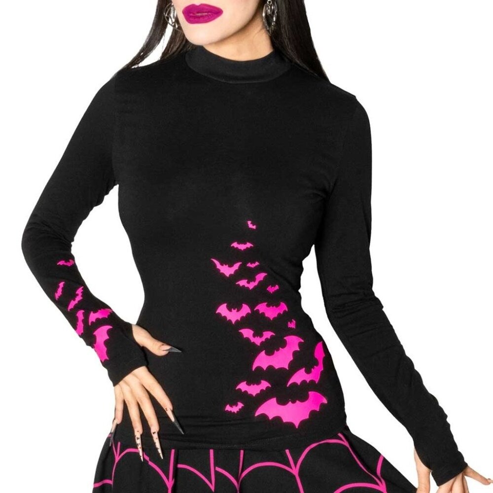 Black Pink Flocked Bats Long Sleeve Top Thumb Holes S-M-L-XL-2XL-3XL